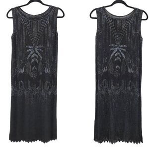 Vtg 80s Does 20s Black Oil Slick Beaded Silk Flapper Dress Sz M Great Gatsby